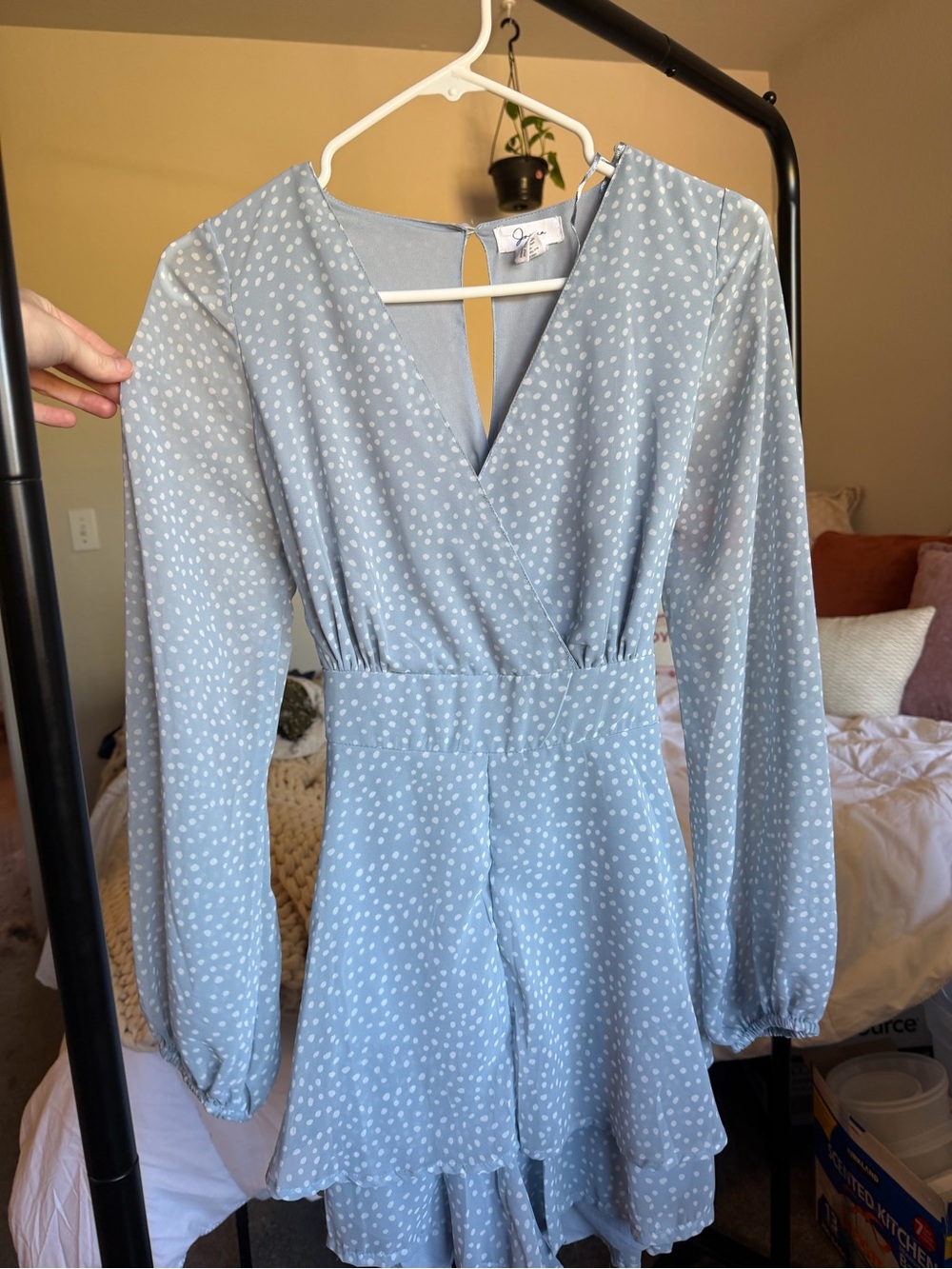 Japna Light Blue Polka Dot Wrap-Style Long Sleeve Dress